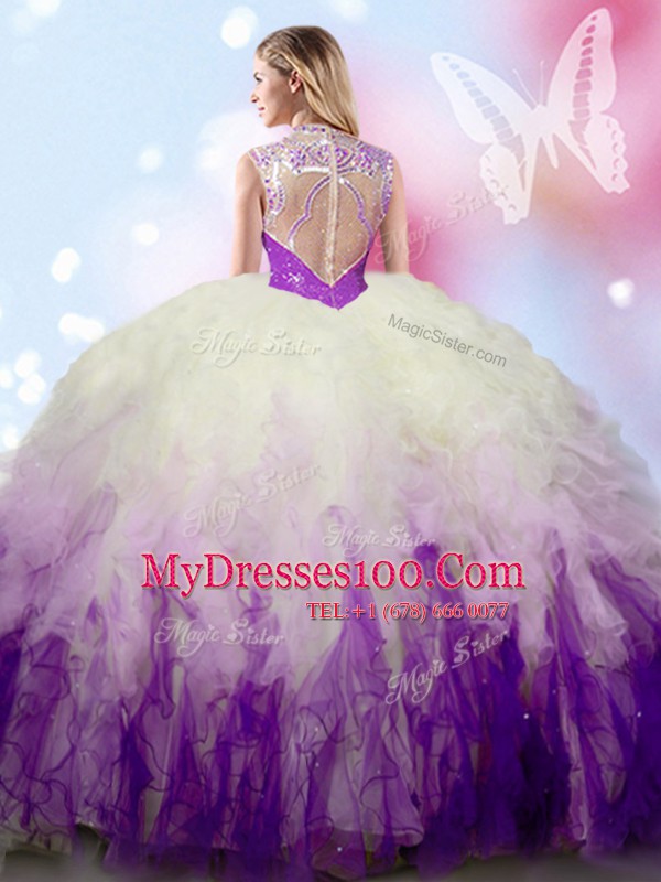 Most Popular High-neck Sleeveless Tulle Quince Ball Gowns Beading and Ruffles Zipper