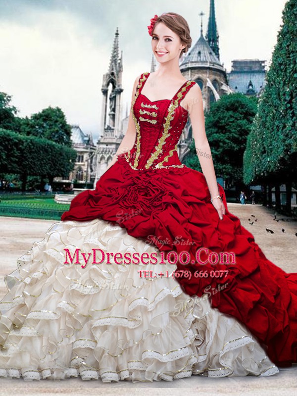 Pick Ups Brush Train Ball Gowns Quinceanera Dress White And Red Straps Organza and Taffeta Sleeveless With Train Lace Up