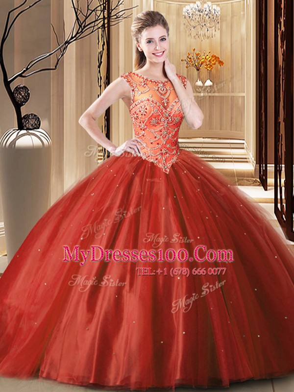 Perfect Scoop Sleeveless Brush Train Lace Up Quinceanera Gown Wine Red Tulle