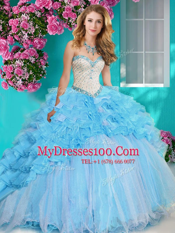 Beautiful Four Piece With Train Baby Blue Ball Gown Prom Dress Sweetheart Sleeveless Brush Train Lace Up