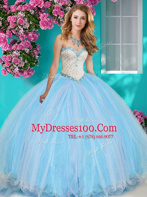 Beautiful Four Piece With Train Baby Blue Ball Gown Prom Dress Sweetheart Sleeveless Brush Train Lace Up