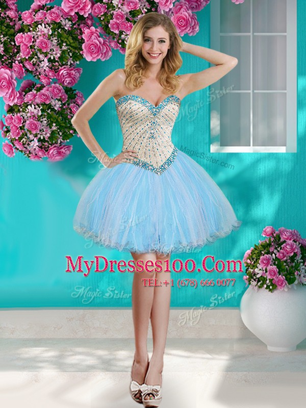 Beautiful Four Piece With Train Baby Blue Ball Gown Prom Dress Sweetheart Sleeveless Brush Train Lace Up