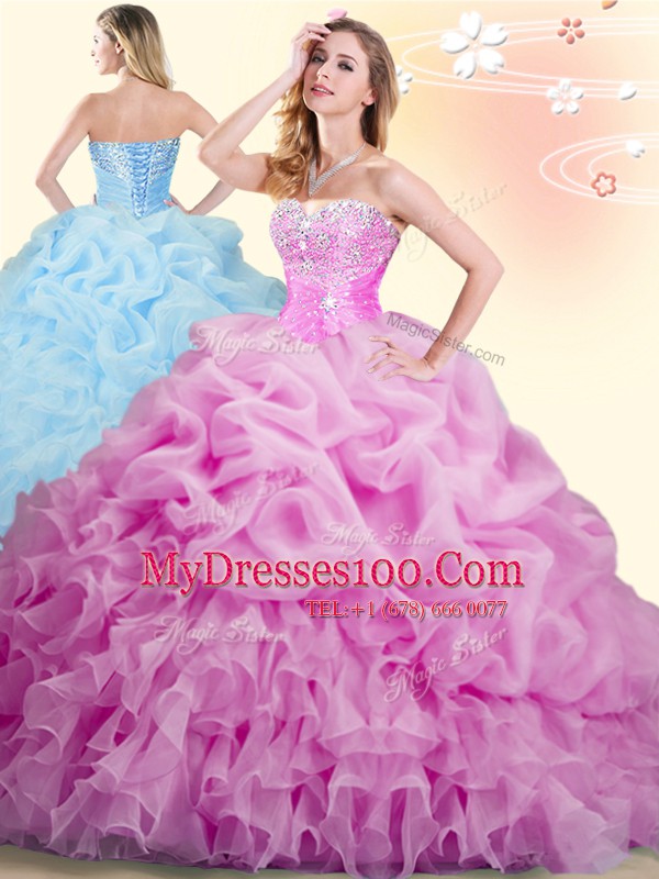 Glamorous Lilac Ball Gowns Beading and Ruffles and Pick Ups Quince Ball Gowns Lace Up Organza Sleeveless With Train