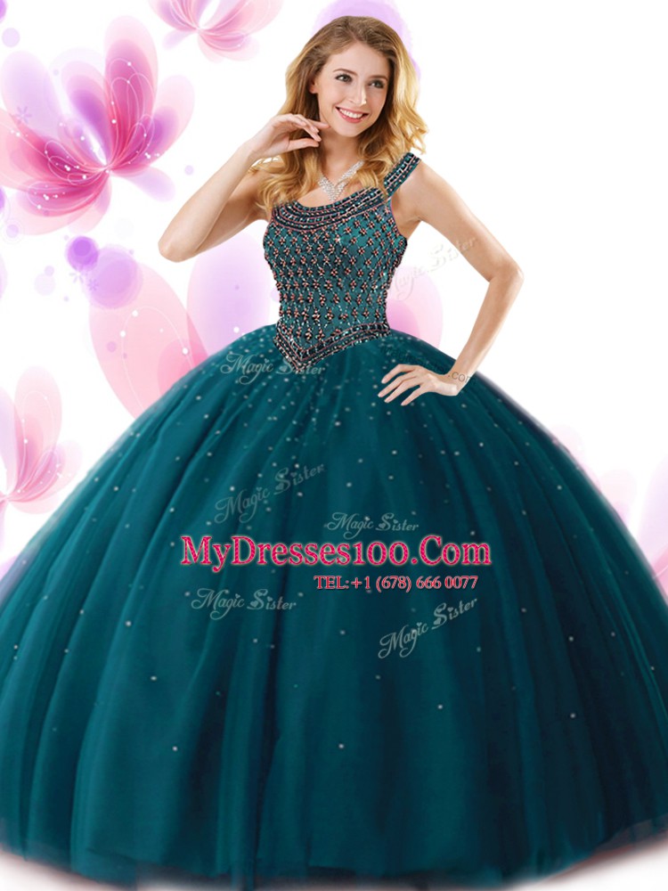 Best Selling Navy Blue Ball Gowns Scoop Sleeveless Tulle Floor Length Zipper Beading Sweet 16 Quinceanera Dress