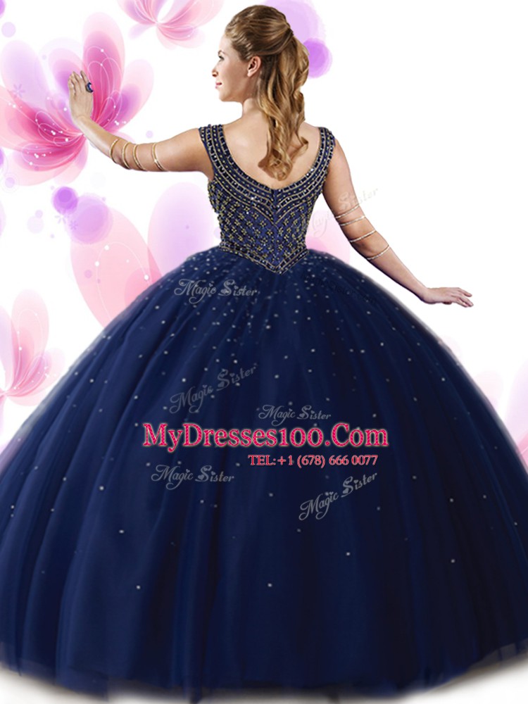 Best Selling Navy Blue Ball Gowns Scoop Sleeveless Tulle Floor Length Zipper Beading Sweet 16 Quinceanera Dress