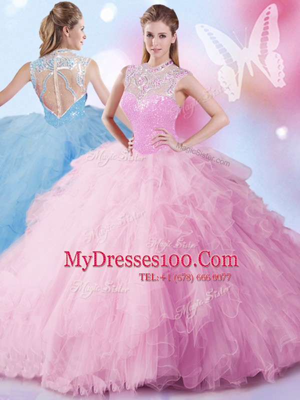Great Floor Length Zipper Sweet 16 Dress Baby Pink for Military Ball and Sweet 16 and Quinceanera with Beading and Ruffles and Sequins