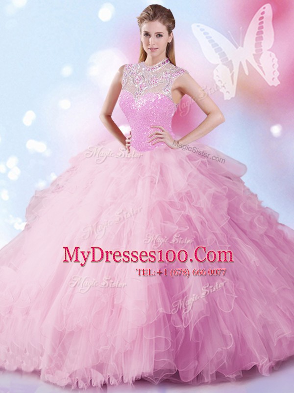 Great Floor Length Zipper Sweet 16 Dress Baby Pink for Military Ball and Sweet 16 and Quinceanera with Beading and Ruffles and Sequins