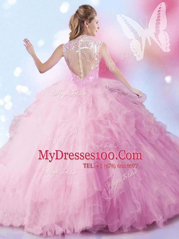 Great Floor Length Zipper Sweet 16 Dress Baby Pink for Military Ball and Sweet 16 and Quinceanera with Beading and Ruffles and Sequins