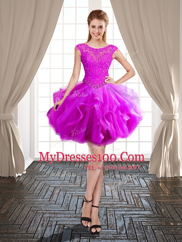 Fuchsia Scoop Lace Up Beading and Ruffles Military Ball Dresses For Women Cap Sleeves