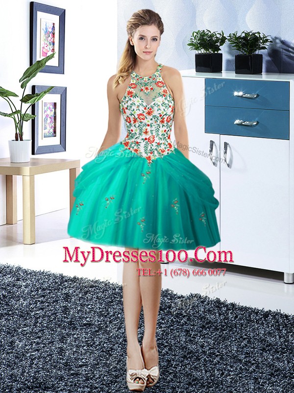 Pick Ups Halter Top Sleeveless Lace Up Cocktail Dresses Turquoise Tulle