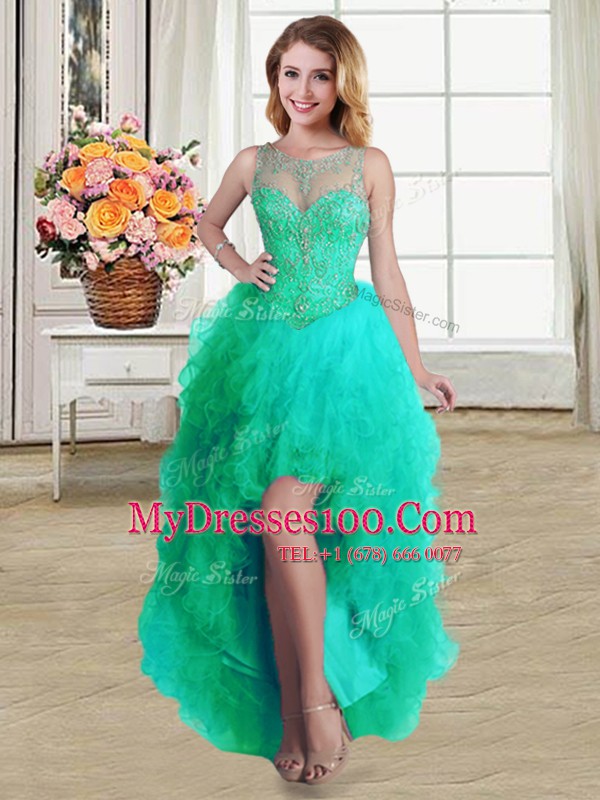 Turquoise Tulle Lace Up Scoop Sleeveless High Low Custom Made Beading and Ruffles