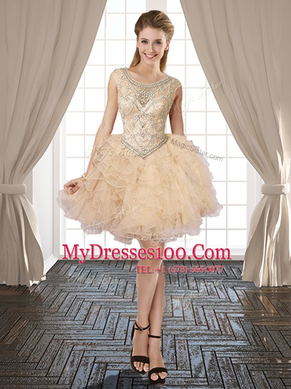 Champagne Ball Gowns Organza Scoop Sleeveless Beading and Ruffles Mini Length Lace Up Evening Dress