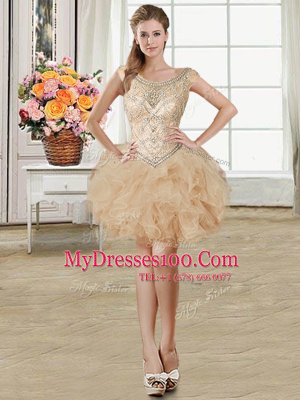 Champagne Scoop Neckline Beading and Ruffles Going Out Dresses Sleeveless Lace Up