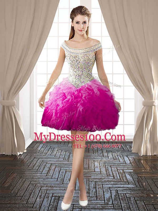 Sweet Off the Shoulder Fuchsia Ball Gowns Beading and Ruffles Going Out Dresses Backless Organza Sleeveless Mini Length