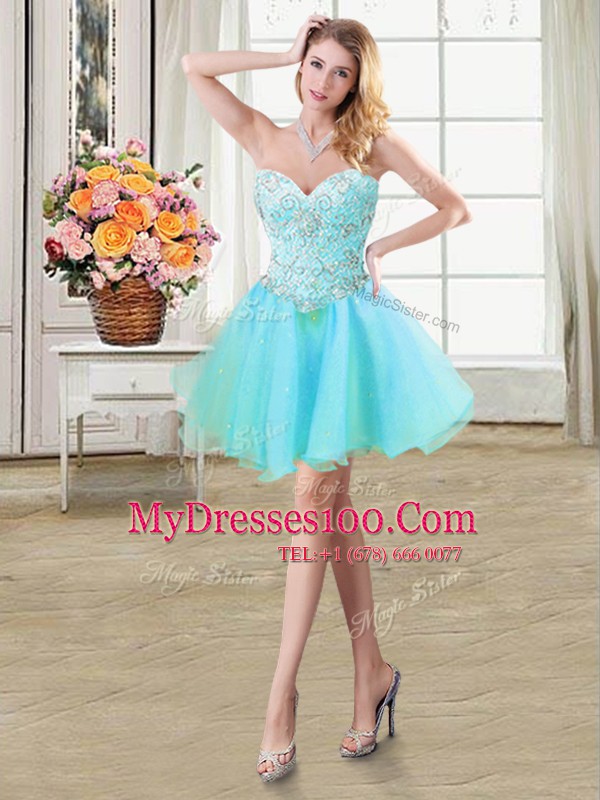 A-line Evening Dress Aqua Blue Sweetheart Organza Sleeveless Mini Length Lace Up