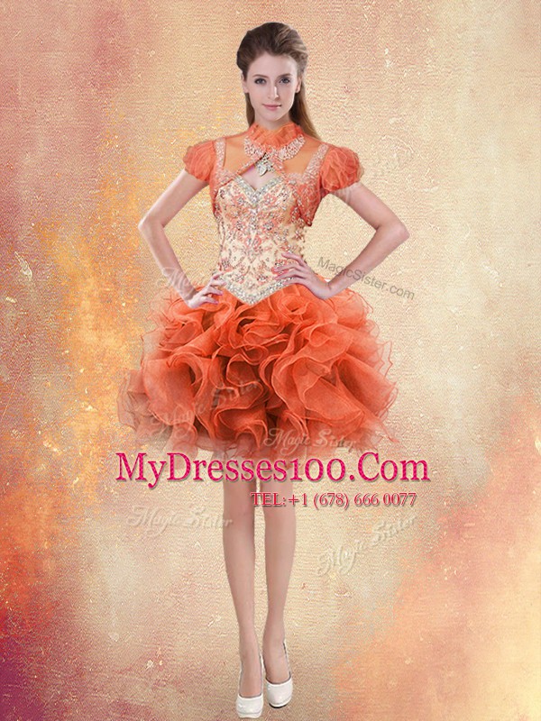 Delicate Orange Red Straps Lace Up Beading and Ruffles Womens Evening Dresses Sleeveless