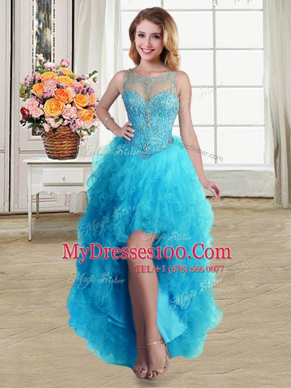 Baby Blue Ball Gowns Scoop Sleeveless Tulle High Low Lace Up Beading and Ruffles Military Ball Gown