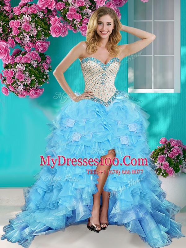 High Low Ball Gowns Sleeveless Baby Blue Evening Gowns Lace Up
