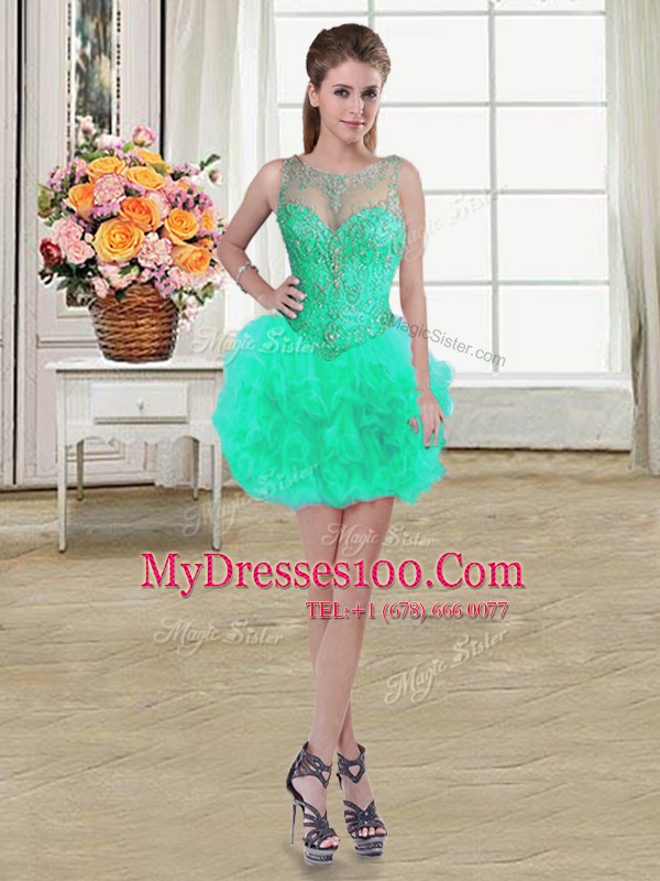 Scoop Turquoise Ball Gowns Beading and Ruffles Evening Outfits Lace Up Tulle Sleeveless Mini Length