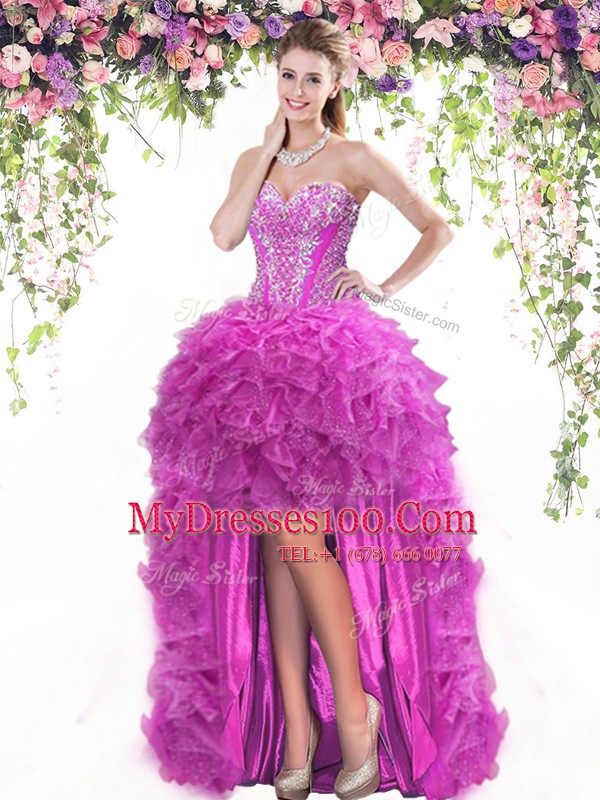 Sleeveless High Low Beading and Ruffles Lace Up Cocktail Dresses with Fuchsia