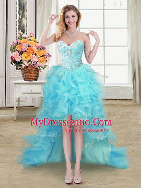 Aqua Blue Lace Up Cocktail Dresses Beading and Ruffles Sleeveless High Low