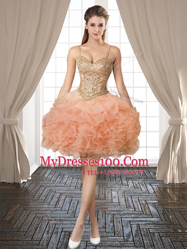 Graceful Pick Ups Ball Gowns Formal Evening Gowns Peach Spaghetti Straps Organza Sleeveless Mini Length Backless