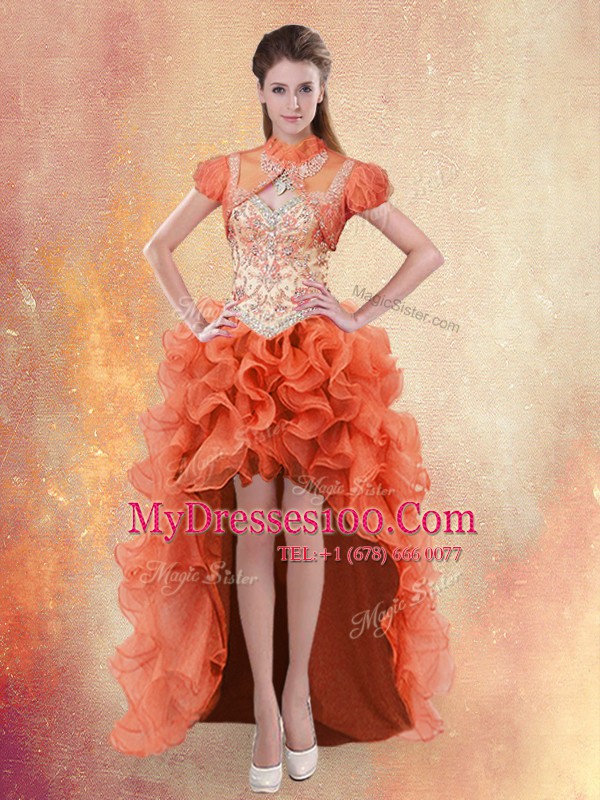 Ball Gowns Military Ball Gown Orange Red Straps Organza Sleeveless High Low Lace Up
