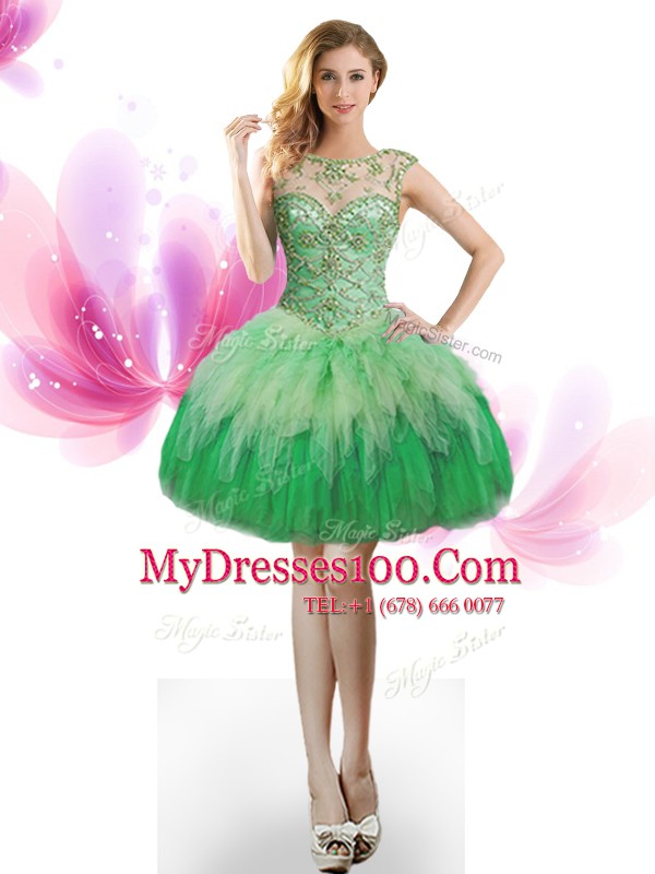 Fine Scoop Sleeveless Lace Up Mini Length Beading and Ruffles Cocktail Dress