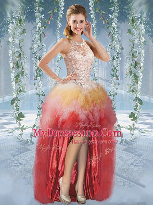 Halter Top Sleeveless Beading and Ruffles Lace Up Formal Evening Gowns