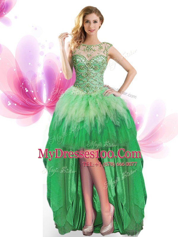Super Green Scoop Neckline Beading and Ruffles Formal Evening Gowns Sleeveless Lace Up