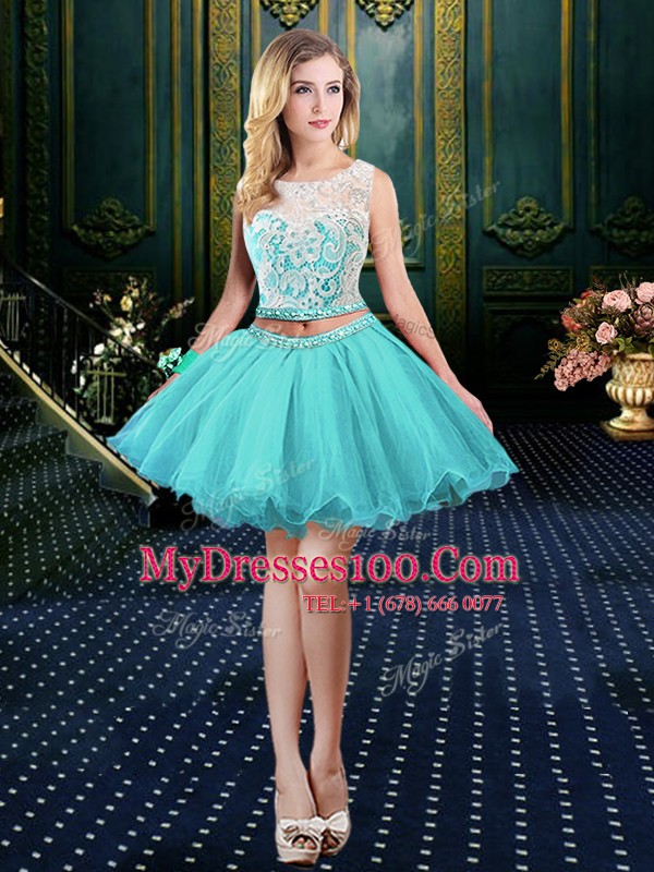 Eye-catching Scoop Aqua Blue Organza Clasp Handle Formal Dresses Sleeveless Mini Length Lace