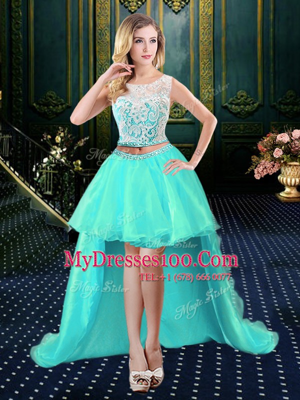 Aqua Blue Clasp Handle Scoop Lace Military Ball Gown Organza Sleeveless