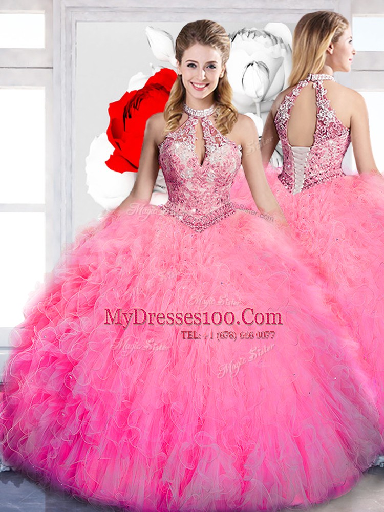 Ball Gowns 15 Quinceanera Dress Hot Pink Halter Top Tulle Sleeveless Floor Length Lace Up