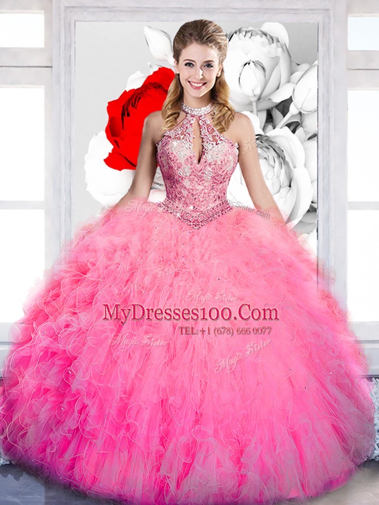 Ball Gowns 15 Quinceanera Dress Hot Pink Halter Top Tulle Sleeveless Floor Length Lace Up