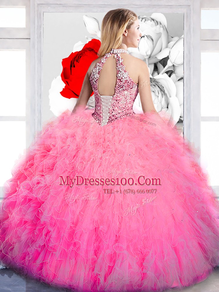 Ball Gowns 15 Quinceanera Dress Hot Pink Halter Top Tulle Sleeveless Floor Length Lace Up
