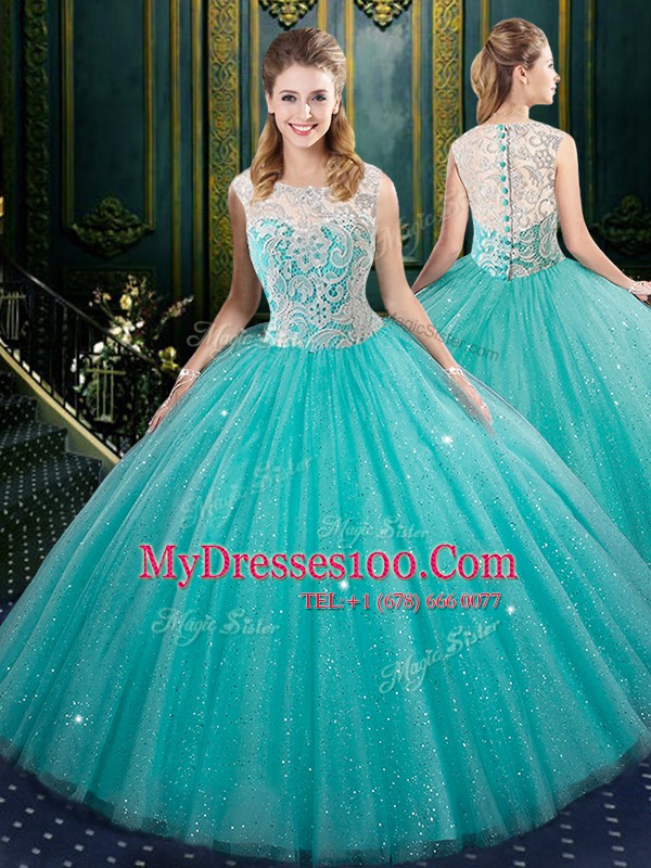 Extravagant High-neck Sleeveless Tulle Quince Ball Gowns Lace Zipper