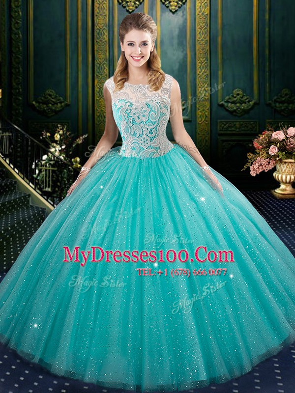 Extravagant High-neck Sleeveless Tulle Quince Ball Gowns Lace Zipper