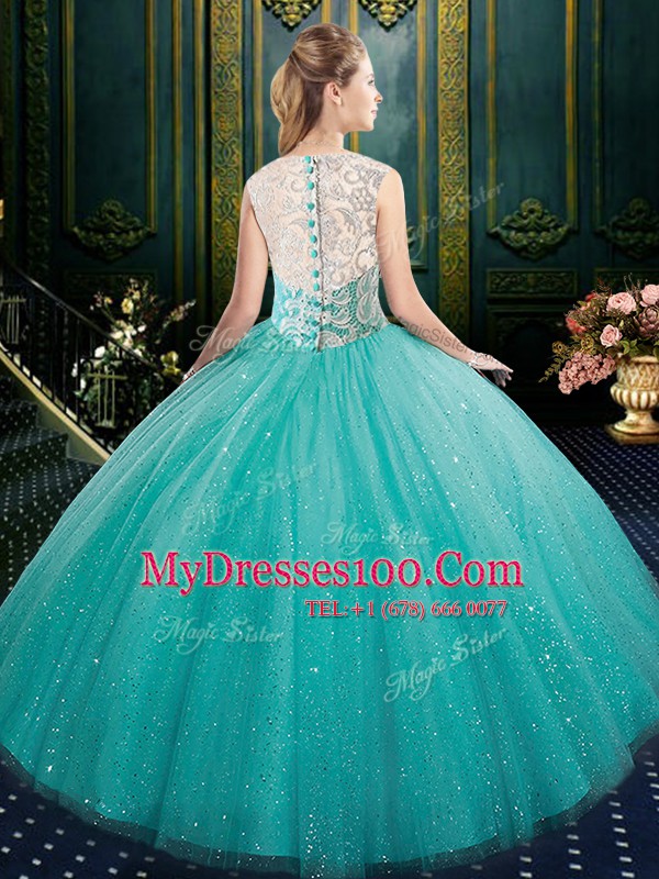 Extravagant High-neck Sleeveless Tulle Quince Ball Gowns Lace Zipper