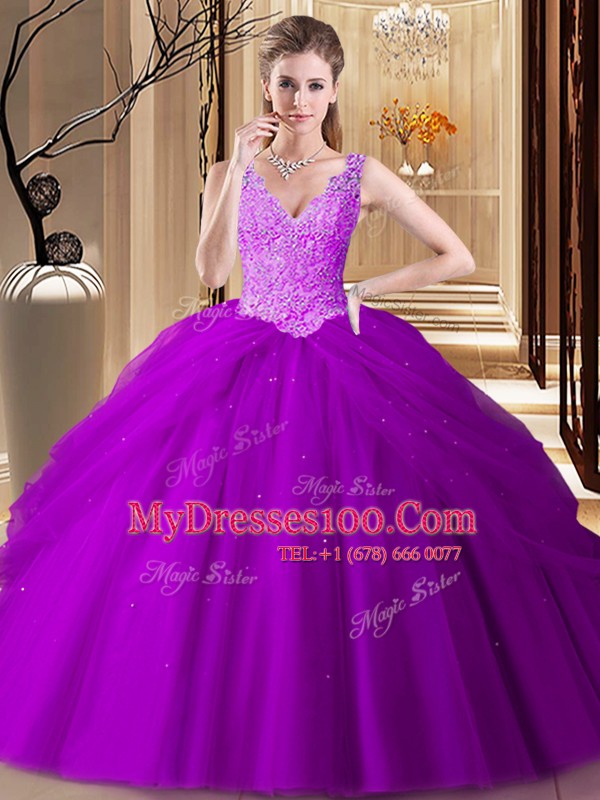 Amazing Backless V-neck Sleeveless Sweet 16 Dress Floor Length Appliques and Pick Ups Purple Tulle