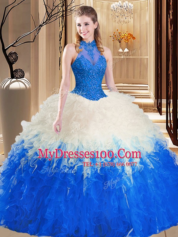 Tulle High-neck Sleeveless Backless Lace and Appliques and Ruffles Quinceanera Dress in Blue And White