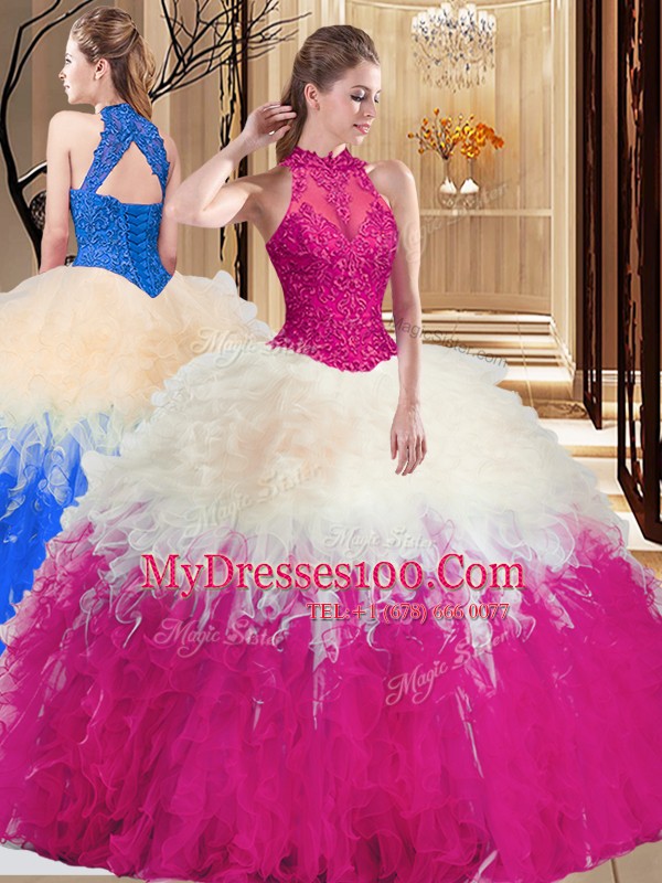 Colorful Tulle High-neck Sleeveless Backless Lace and Appliques and Ruffles Quinceanera Gowns in Multi-color