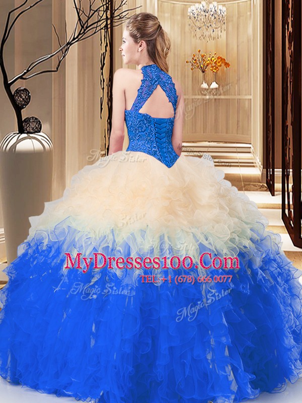 Colorful Tulle High-neck Sleeveless Backless Lace and Appliques and Ruffles Quinceanera Gowns in Multi-color