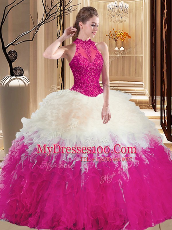 Colorful Tulle High-neck Sleeveless Backless Lace and Appliques and Ruffles Quinceanera Gowns in Multi-color