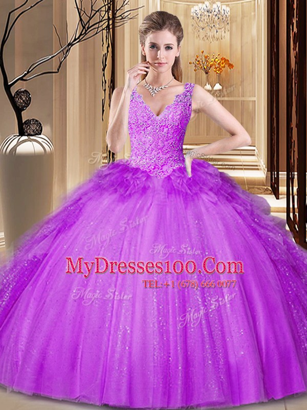Sequins V-neck Sleeveless Backless Quinceanera Dresses Purple Tulle and Sequined