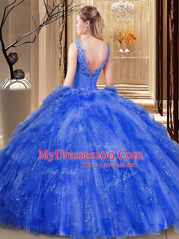 Sequins V-neck Sleeveless Backless Quinceanera Dresses Purple Tulle and Sequined