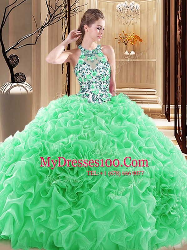 Backless Organza Sleeveless Quinceanera Dress Brush Train and Embroidery and Ruffles