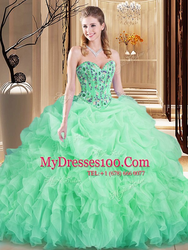 Hot Selling Sleeveless Organza Brush Train Lace Up Quinceanera Dresses in Apple Green with Embroidery and Ruffles
