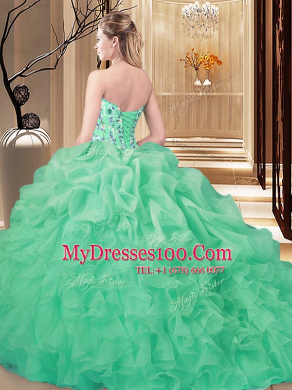 Hot Selling Sleeveless Organza Brush Train Lace Up Quinceanera Dresses in Apple Green with Embroidery and Ruffles