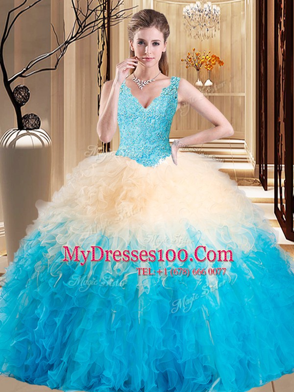 Nice Floor Length Multi-color Vestidos de Quinceanera Tulle Sleeveless Appliques and Ruffles