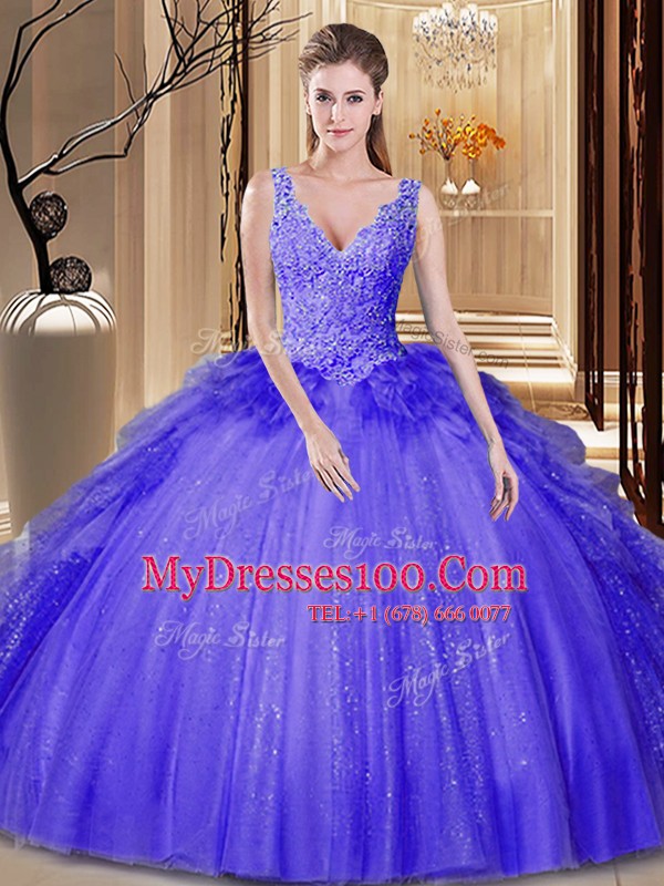 Lavender Backless 15 Quinceanera Dress Appliques and Ruffles and Sequins Sleeveless Floor Length